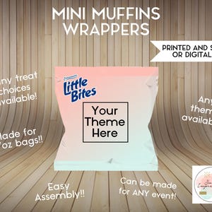 May include: A pink and blue printable wrapper for mini muffins. The wrapper features the text "Little Bites" and a space to add a custom theme. The text "Mini Muffins Wrappers" is at the top of the image. The text "Printed and Shipped or Digital File" is at the top right of the image.