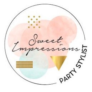 May include: A logo for a party stylist business called "Sweet Impressions Party Stylist". The logo features a circle with watercolor-style pink, blue, and gold shapes, along with gold dots and a gold triangle.