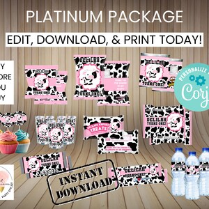 May include: A printable party package featuring a cow print design with pink accents. The package includes labels for water bottles, crisp bags, cupcake toppers, favour bags, and a can. The text "Delilah Turns One!" is featured throughout the design. The package is available for instant download and can be personalised with the name "Coril".