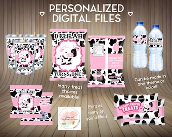 Pink Cow Print Birthday Treats, Chip Bags, Fruit Snacks, Custom Party Favors, Digital File, Rice Krispy PERSONALIZED