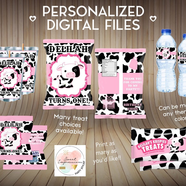 Pink Cow Print Birthday Treats, Chip Bags, Fruit Snacks, Custom Party Favors, Digital File, Rice Krispy PERSONALIZED