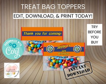 May include: Two treat bag toppers with colorful candies. One topper reads "Thank you for coming!" in blue text on an orange background. The other says "Jayden's 8th Birthday". The image also includes text that says "Edit, Download, & Print Today!"