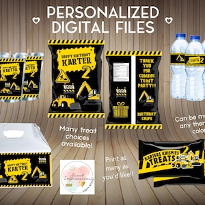 May include: Printable digital files for a construction themed birthday party. The files include labels for water bottles, treat bags, favour boxes, and a banner. The labels feature a yellow construction truck and the text "Happy Birthday Karter 2".