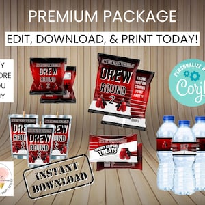 May include: A printable set of party decorations for a boxing themed birthday party. The set includes labels for water bottles, chip bags, and treat bags. The labels feature a red and black color scheme with the text "Drew Round 2".