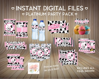 Pink Cow Print Platinum Party Pack INSTANT DOWNLOAD Party Treats, Digital Files