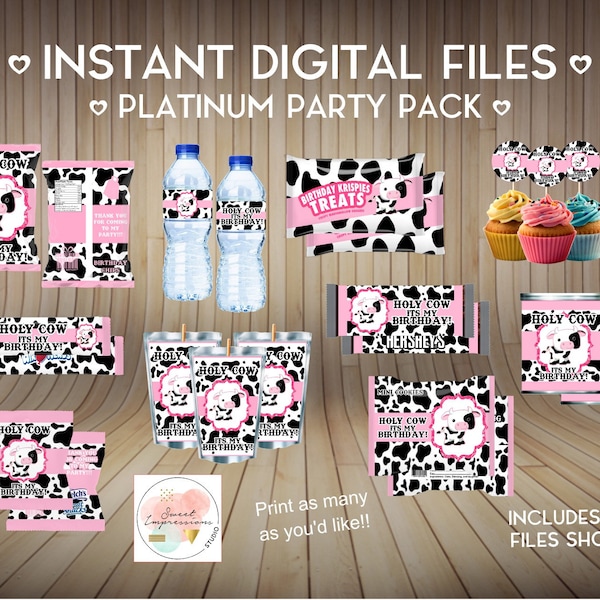 Pink Cow Print Platinum Party Pack INSTANT DOWNLOAD Party Treats, Digital Files