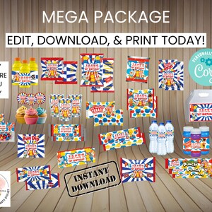May include: A printable party pack for a child's first birthday with a circus theme. The pack includes labels for water bottles, candy bags, cupcake toppers, favor bags, and more. The labels feature a red and white striped tent, a clown, and the words "Jack's 1st Birthday".