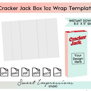 May include: A printable template for a Cracker Jack box, with a light blue background and red text. The template is 8.5 inches by 11 inches and includes a design area for a custom logo or image. The template is available in SVG, PNG, PDF, JPEG, DOCX, and CANVA formats.
