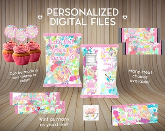 May include: Printable party favor labels featuring a paint splattered design with a paint palette and the text "Let's Paint, Arianni is turning 10!" in pink and yellow. The labels are designed for chip bags, candy bars, and cupcake wrappers.