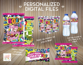 80s Birthday Treats, Chip Bags, Fruit Snacks, Custom Party Favors, Digital File, Rice Krispy PERSONALIZED