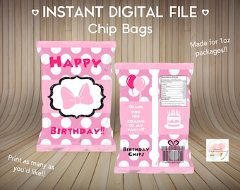 Pink Polka Dot, Bow, Chip Bags Digital File, Instant Download, Birthday Treats NOT PERSONALIZED