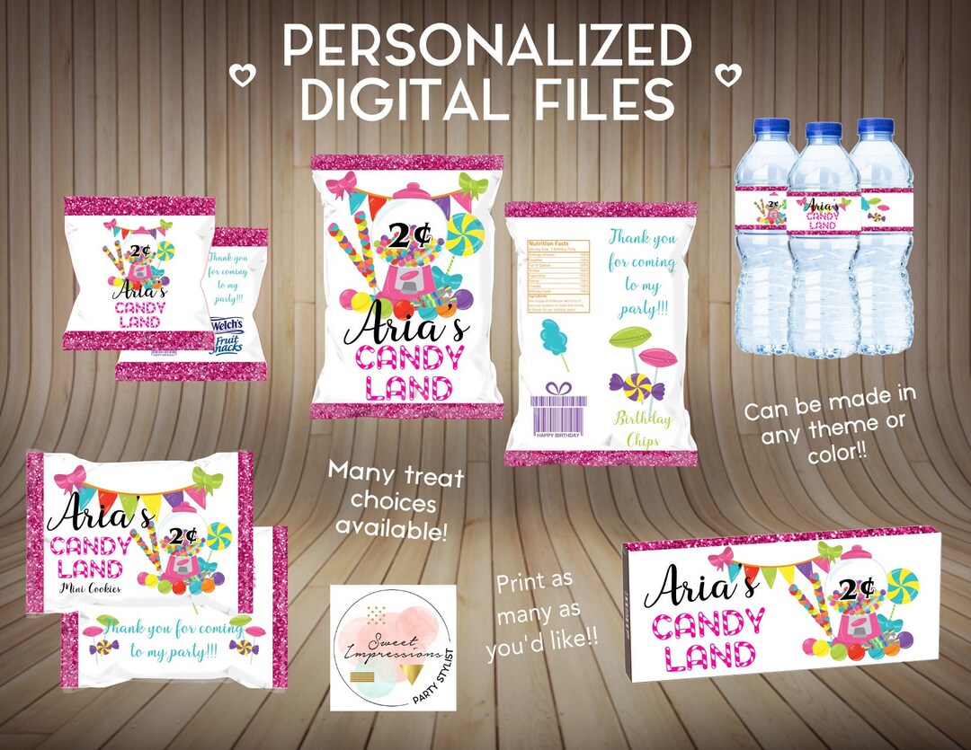 Candyland Bubble Gum Machine Party Birthday Treats, Chip Bags, Fruit