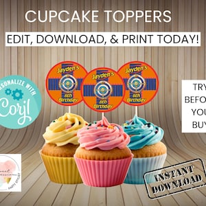 May include: Three cupcakes with colorful frosting and decorative toppers. The toppers are orange with blue and gold designs, personalized with the name "Jayden's" and "8th Birthday". Text on the image reads "Edit, Download, & Print Today!"