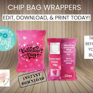 Emballage de sac de chips coeurs Saint-Valentin | MODIFIABLE | Accès instantané | Gâteries de fête | Fichiers numériques | Téléchargement de modèle Corjl | Taille de 1 oz