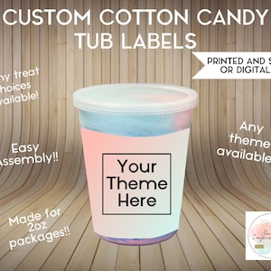 May include: Customizable cotton candy tub labels, printed or digital.  The label is pink and blue with a white square that says "Your Theme Here".  The label is made for 2 oz packages.