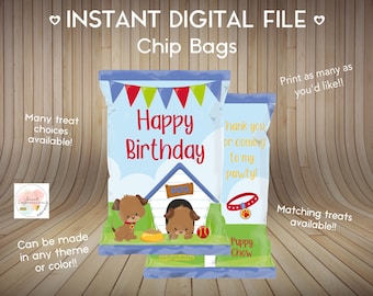 May include: Printable chip bag template featuring a dog house with two cartoon dogs and the text "Happy Birthday". The bag is blue with red, yellow, and green accents. The text "Puppy Chow" is printed on the bottom of the bag.