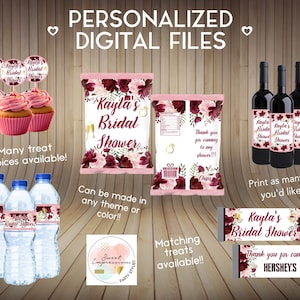 Burgundy and Pink Flower Treats, Bridal Party, Baby Shower, or Birthday Custom Party Favors, Printable Digital Files, PERSONALIZED