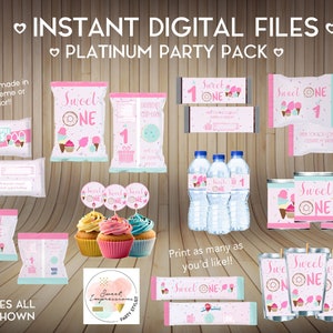 May include: A printable party pack with a pink and blue color scheme featuring a donut, ice cream cone, and cupcake design. The text "Sweet One" is repeated throughout the pack. The pack includes labels for water bottles, treat bags, cupcake toppers, and more.