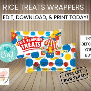 May include: Printable Rice Krispies Treats wrappers with a circus theme. The wrappers are red, yellow, blue, and white with polka dots and a red and white striped tent. The text on the wrapper says "Jace 'Skripsies Treats' Crispy Marshmallow Squares".