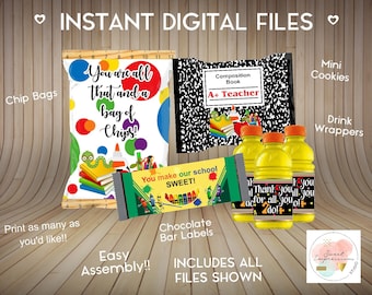 Teacher Appreciation Week Treats | Instant Digital File Download | Chips Wrapper | Hershey Bar Label | Drink Label | Mini Cookie Wrapper
