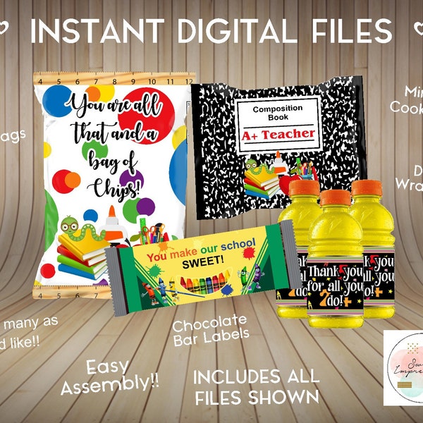 Teacher Appreciation Treats | Instant File Download | Chips Wrapper | Hershey Bar Wrap | Drink Label | Mini Cookie Wrapper | NOT EDITABLE