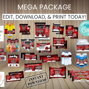 Peut inclure: Un pack de fête imprimable sur le thème de la boxe. Le pack comprend des étiquettes pour les bouteilles d'eau, les sachets de bonbons, les sachets de friandises, les décorations de cupcakes, les boîtes à cadeaux et plus encore. Les étiquettes présentent un schéma de couleurs rouge et noir avec le texte "Drew Round 2".