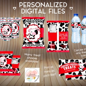 Red Cow Print Birthday Treats, Chip Bags, Fruit Snacks, Custom Party Favors, Digital File, Rice Krispy PERSONALIZED