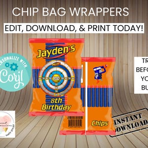 Dart Game Wars-chippåseomslag | REDIGERBAR | Direktåtkomst | Festgodis | Digitala filer | Ladda ner Corjl-mall | PDF JPEG | Storlek 28 gram