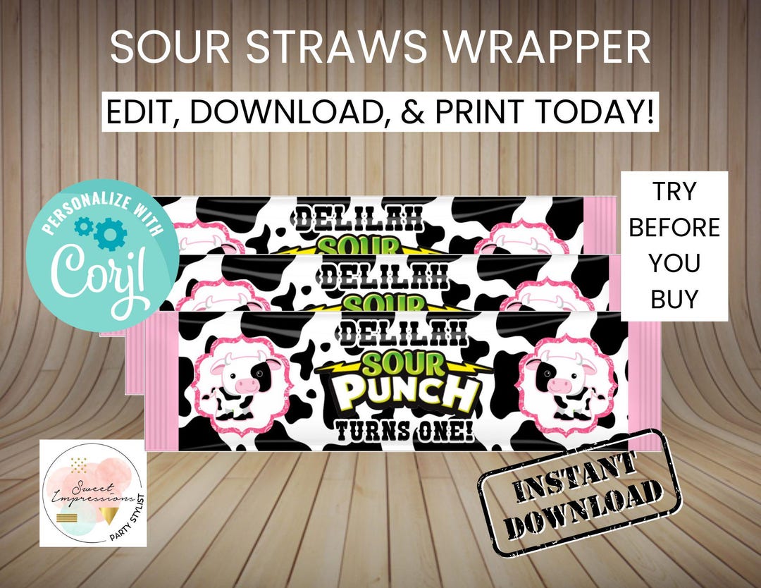 Pink Cow Sour Straws Wrapper | EDITABLE | Instant Access | Party Treats ...