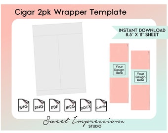 May include: A digital template for a cigar 2-pack wrapper, featuring a white design with a light pink and green background. Includes file formats SVG, PNG, PDF, JPEG, DOCX, and CANVA. The text reads "Cigar 2pk Wrapper Template" and "Instant Download 8.5" X 11" Sheet".