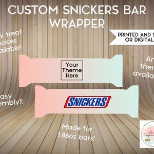 May include: Custom Snickers bar wrappers in pink and mint green, with the Snickers logo and space for a custom theme. The wrappers are designed for 1.86oz bars and are easy to assemble. Text includes "Many treat choices available!" and "Any theme available!!"