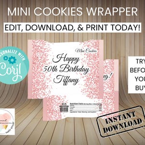 Rose Gold Glitter Mini Cookie Wrappers | EDITABLE | Instant Access | Party Treat | Digital File | Corjl Template Download | PDF JPEG | 1oz