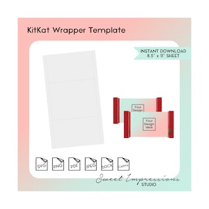 Könnte beinhalten: Eine weiße KitKat-Wrapper-Vorlage mit drei Abschnitten und zwei Mock-up-KitKat-Riegeln mit rot-weißer Verpackung. Das Bild enthält den Text "KitKat Wrapper Template" und "Sofort-Download 21.6cm x 27.9cm Sheet."