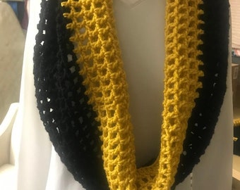 Black and Gold Crochet Infinity Scarf.