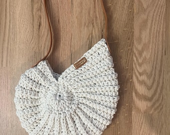 Handmade Crochet Seashell Purse with Leather Strap