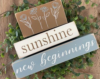 Distressed Spring Stacking Blocks in Muted Earthy Tones,  Sunshine and New Beginnings Signs, Spring Decor in Natural Colors