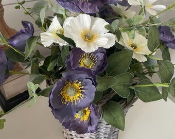 Lovely Purple and White Poppy Floral Arrangement in a Wicker Basket, Spring or Summer Floral Decor
