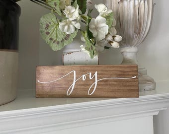 Hand Painted JOY Wood Block Sign, Neutral Home Decor, Christmas Sign