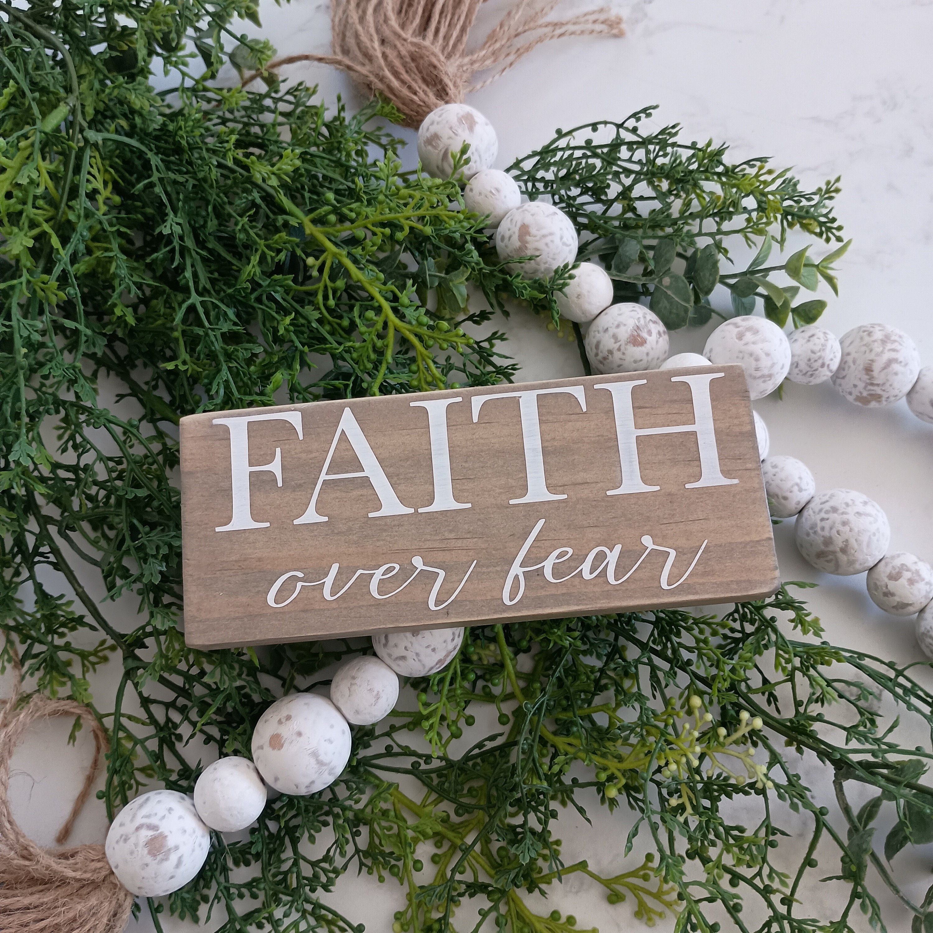 Faith Over Fear Wood Sign | Rustic Handcrafted Wall Decor | Petite Hanging Accent With Twine, 5.5 X 6.5 Inches