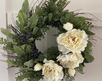 Spring and Summer Lowbush Blueberry Wreath with Cream Peonies, Housewarming Gift, Door or Mantle Decor