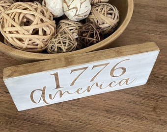 Hand Painted Wooden America 1776 Sign in Neutral Colors, 250th Anniversary and Patriotic Decor