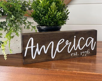 Hand Painted Wooden America est. 1776 Sign in Neutral Colors