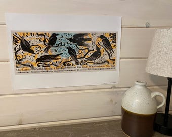 Seven Crows Poster / Reproduction of Holly Meade woodblock print / Maine art / Murder of Crows