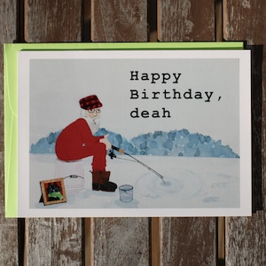 Carte d'anniversaire pêche sur glace / Humour Maine / Costume Union européenne