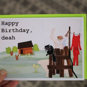 Cartão de aniversário / Chuveiro ao ar livre / Humor do Maine / Terno vermelho da união