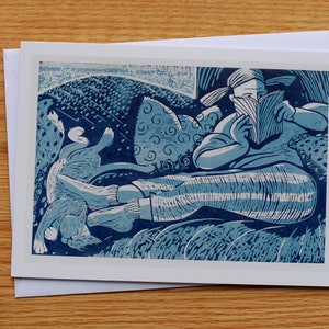 Reading with Footwarmer Greeting Card / Holly Meade woodblock print