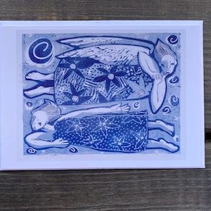 Wenskaart Joy This Way and That / Holly Meade-houtsnede / Engelen