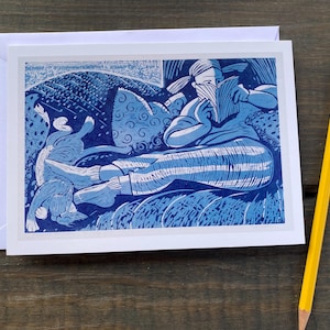 Grußkarte mit Reading with Footwarmer / Holly Meade Holzschnitt