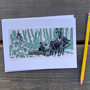 Yarding Vier-Fuß-Holz Grußkarte / Pferdekraft Farm / Clydesdale Arbeitspferd / Maine Printmaker Holly Meade