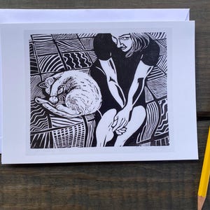 Tarjeta de felicitación con un gato durmiendo / Grabado en madera de Holly Meade / Gato y su hija Jenny / Gatos